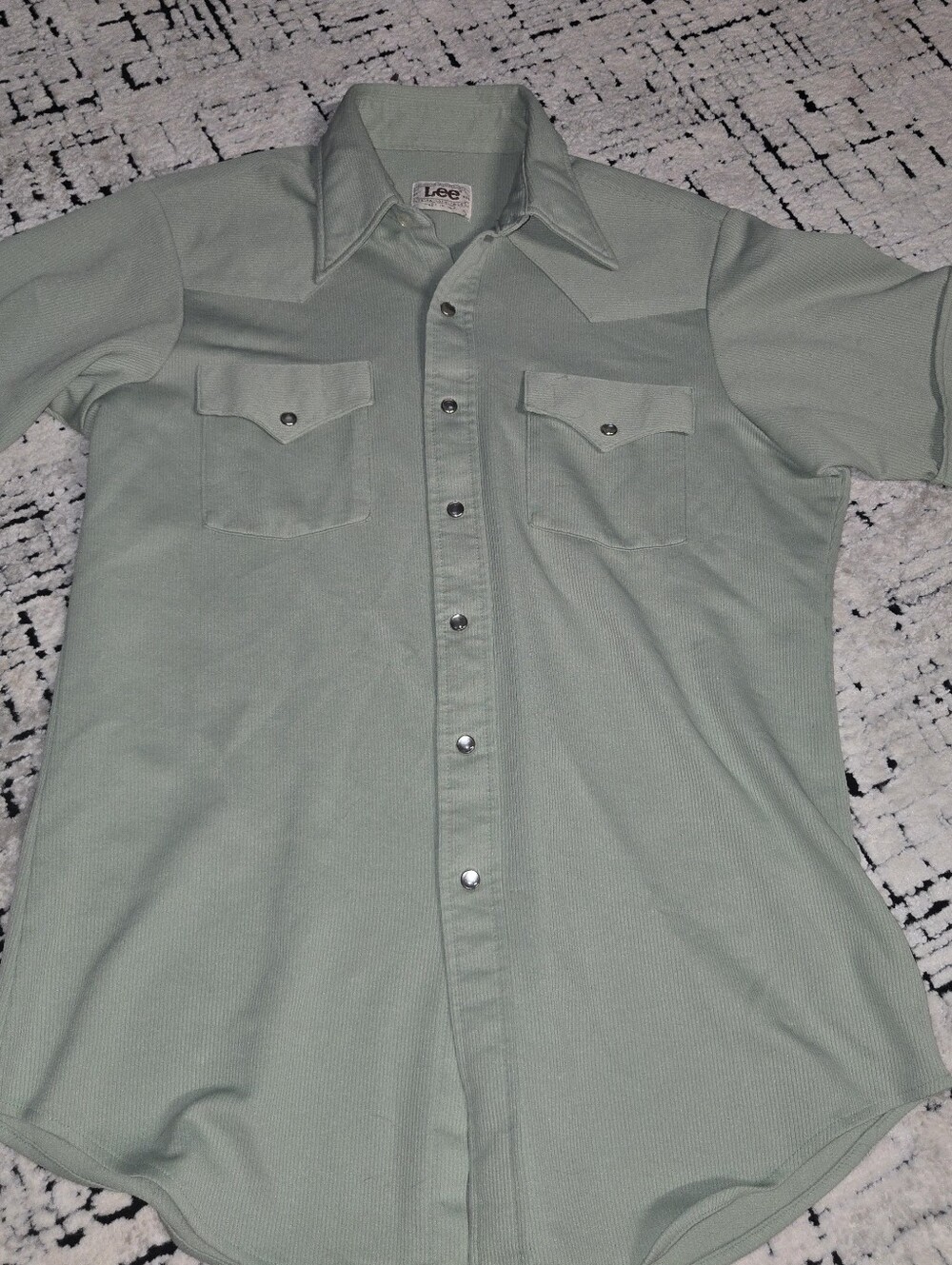 Vintage Mens Lee  Western PEARL SNAP Short Sleeve Button Up Long Tail Mint Green